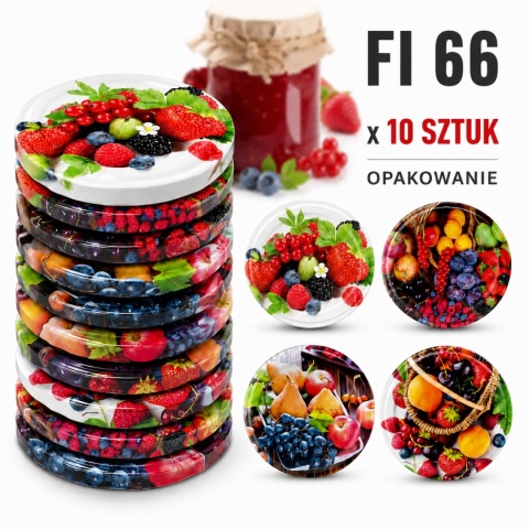 Zakrętki FI 66 owocowe MIX do słoików – 10 szt. Konfekcja | Wieczka TO-66 / Polska produkcja