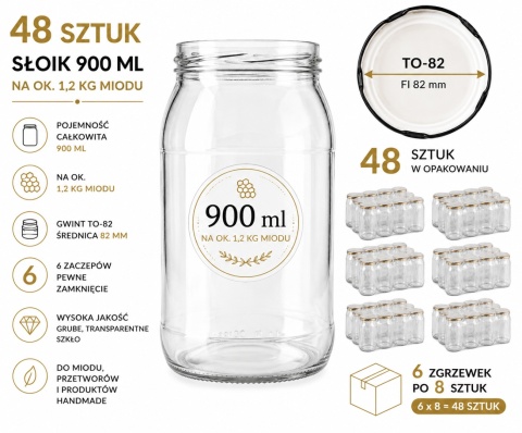 Słoik 900 ml TO-82 z zakrętkami – zestaw 48 szt. | Słoiki do miodu i przetworów
