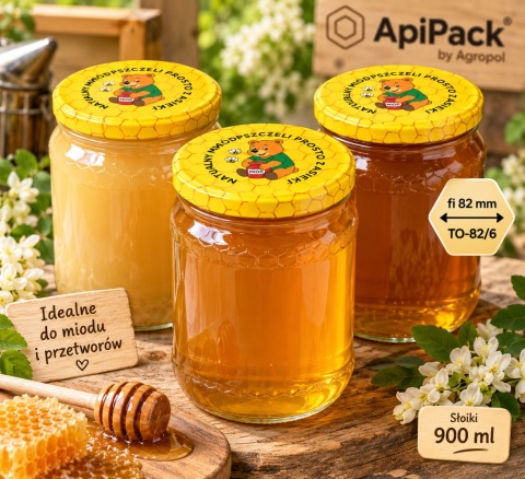 Zakrętki fi 82 MIŚ na słoikach 900 ml z miodem