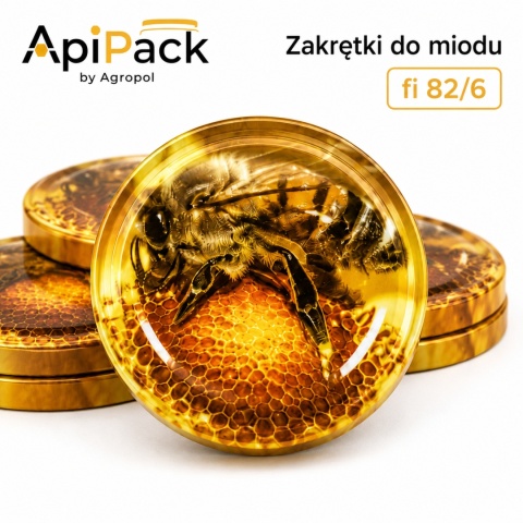 Złota zakrętka Chomik Miód fi 82 z motywem pszczoły i plastra miodu