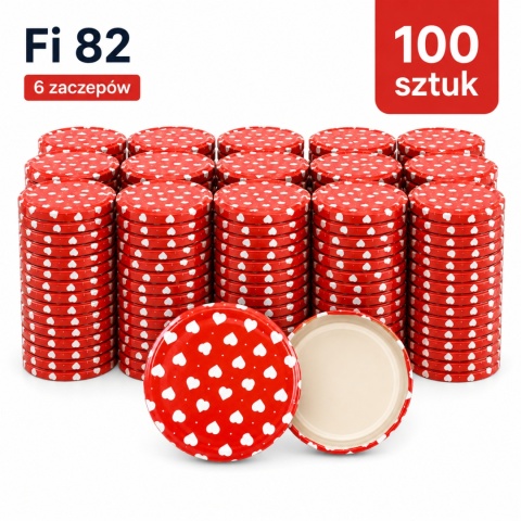 Zakrętki do słoików Fi 82/6 Czerwone Serca | Twist-Off | opakowanie 100 sztuk