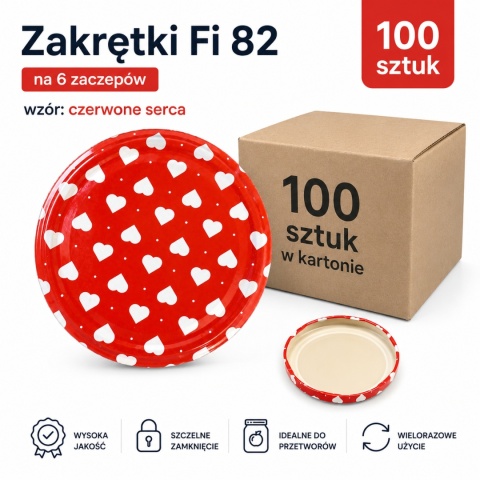 Zakrętki do słoików Fi 82/6 Czerwone Serca | Twist-Off | opakowanie 100 sztuk