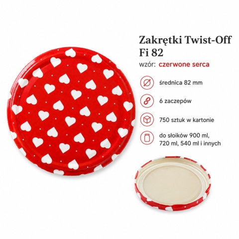 Zakrętki do słoików Fi 82/6 Czerwone Serca | Twist-Off | opakowanie 750 sztuk