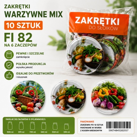 Zakrętki fi 82 Warzywne MIX 10 szt. Konfekcja | Wieczka TO-82 6 zaczepów | Polska produkcja