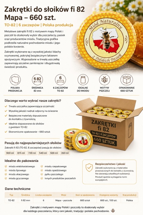 Zakrętki fi 82 do miodu „Mapa” – 660 szt. | Wieczka TWIST-OFF 82